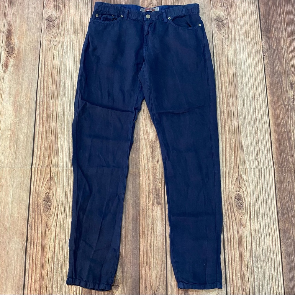 120% Lino | Linen Blue Slim Fit Casual Pants